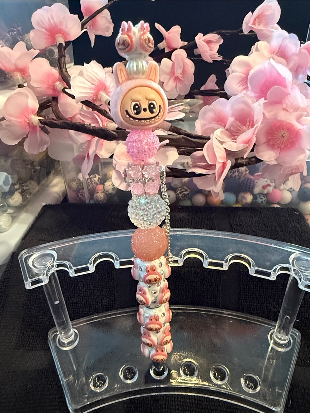 Handmade Pink Bunny Beaded Charm Keychain